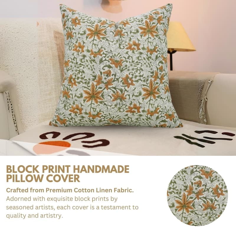 Fabdivine Handmade Dark Blue Block Print Cushion Cover Floral Linen for Living Room Sofa Chair Hotel, Home Decoration, Gopi