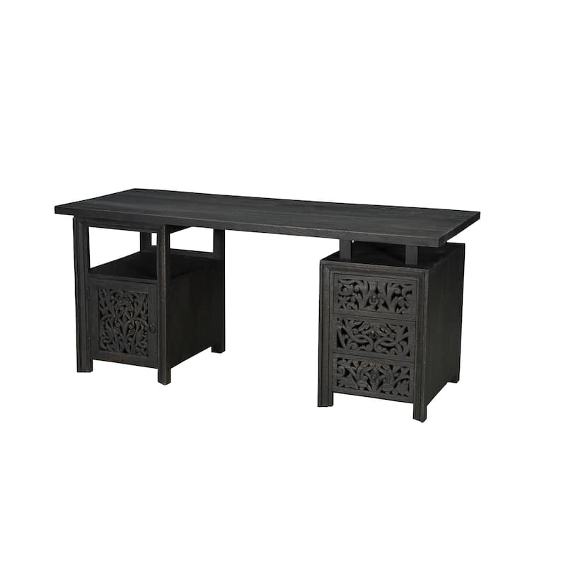 Floral Motif Solid Wood Desk with 3 Drawers and 1 Door