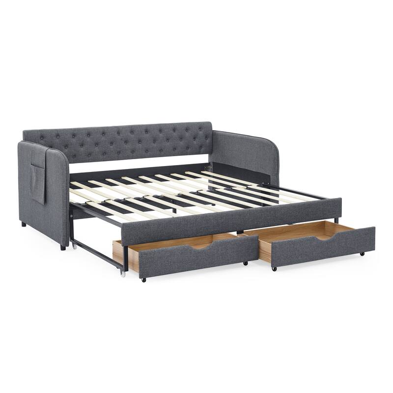 Roomfitters Twin Upholstered Daybed with Trundle, Underbed Storage and Flat Arms with Side Pocket, Extendable Design
