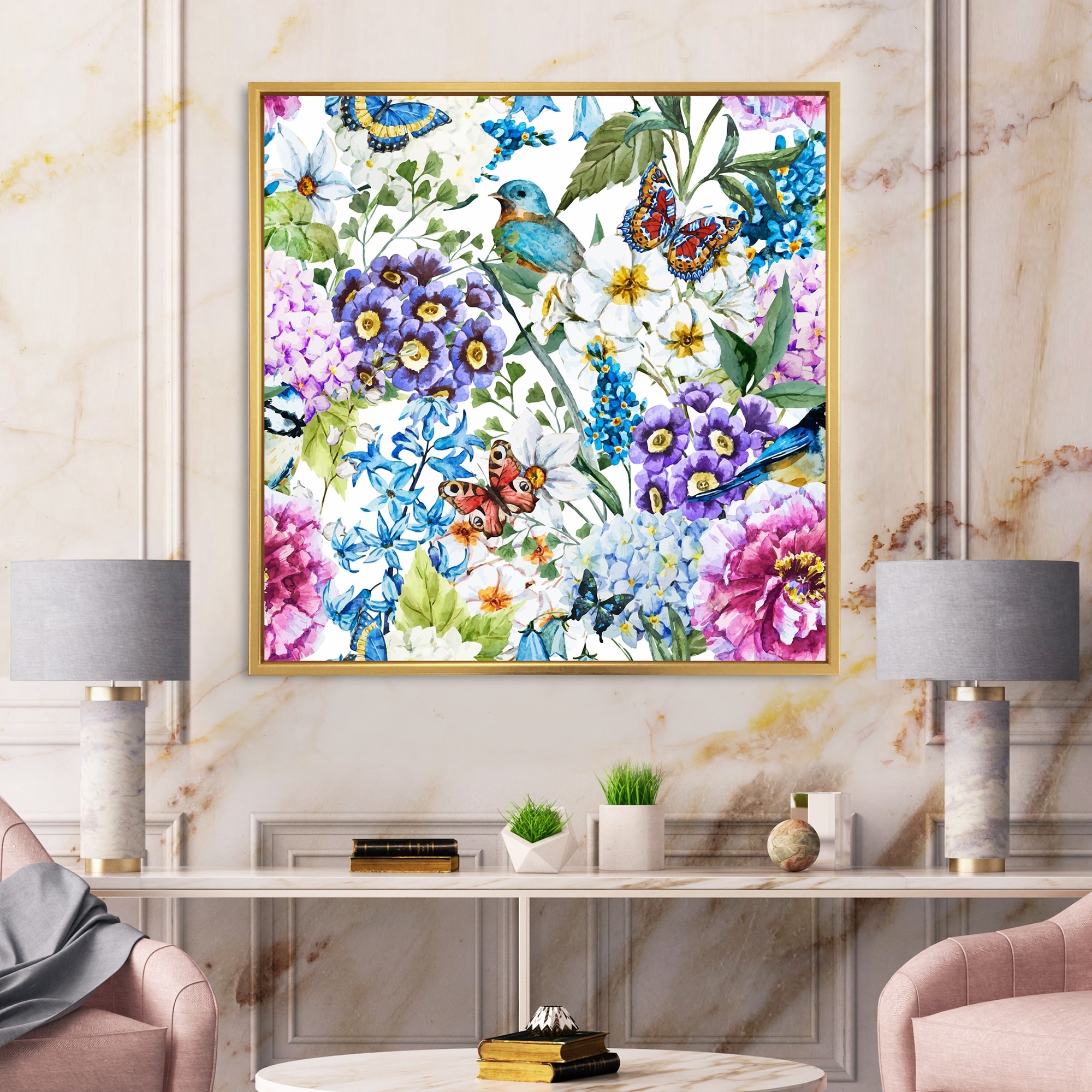 Designart 'Vibrant Wild Spring Leaves and Wildflowers XII' Modern Framed Canvas Wall Art Print