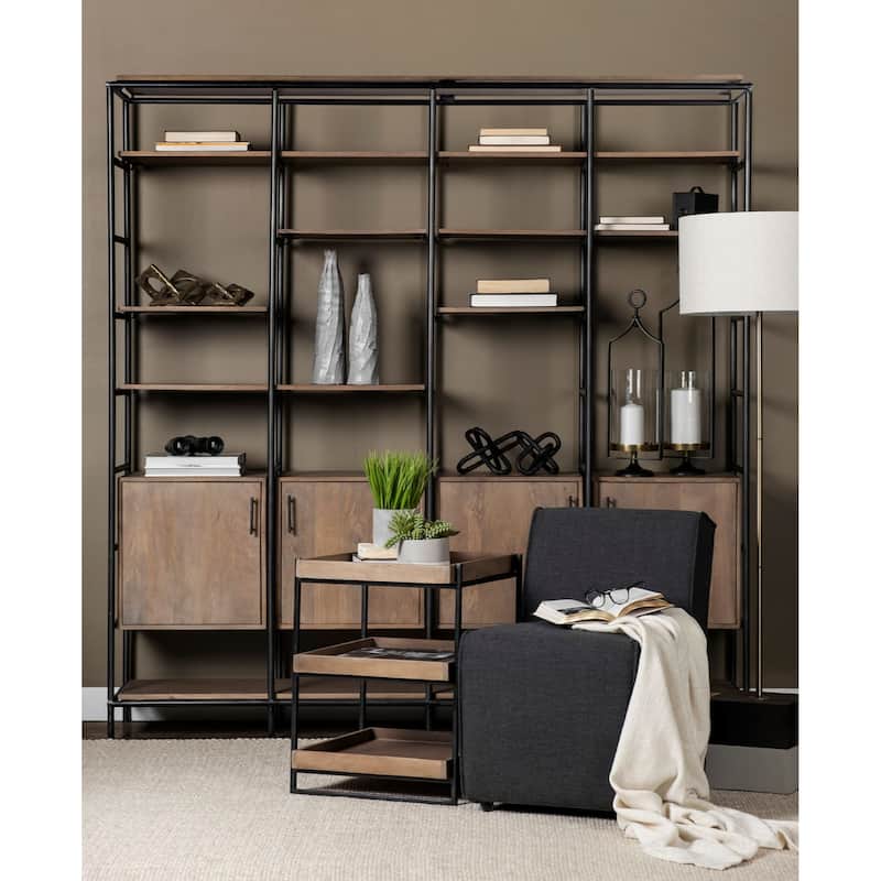 Brown Solid Wood Square End Table with Abstract Metal Base and 2 Shelves - 20” x 20” x 26” (D x W x H)