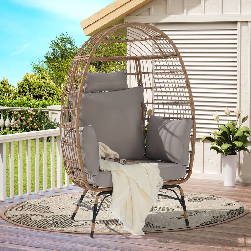 GDFStudio- Serena Oversized Wicker Egg Chair with Cushion and Pillow for Porch, Backyard, or Balcony - Light Gray