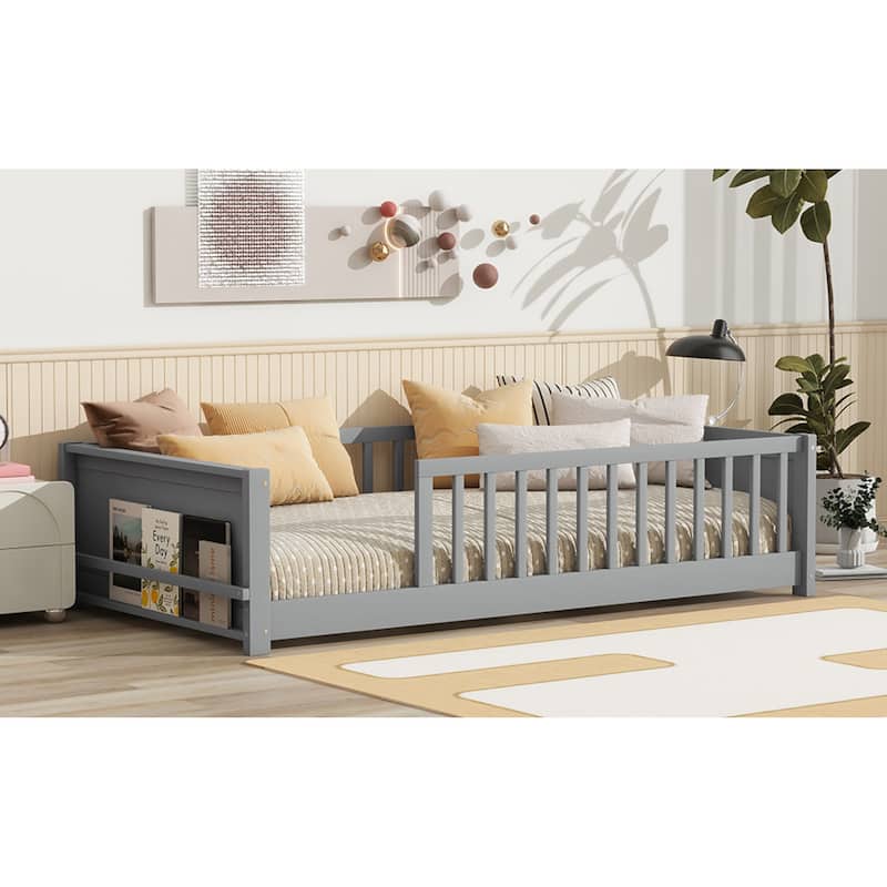 Roomfitters Twin Floor Platform Bed with Built-in Book Rack, Rubber Wood Frame, Low Profile Design with Guardrails