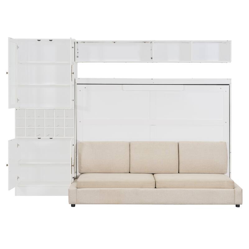 Space-Saving Full Size Murphy Bed with Sofa, Shelves, USB & Light in White