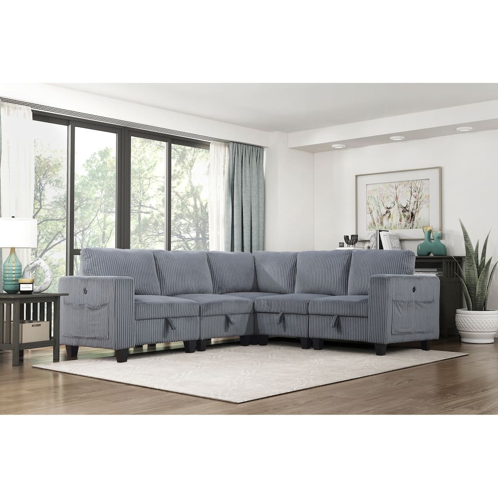 5-Piece Modular Sectional Couch w/ Storage, Side Pockets, Charging Ports, Dark Gray Corduroy, Solid Wood