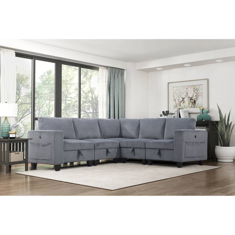 5-Piece Modular Sectional Couch w/ Storage, Side Pockets, Charging Ports, Dark Gray Corduroy, Solid Wood