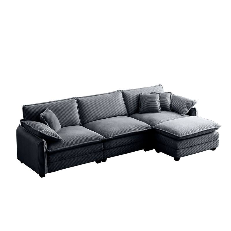 4-piece Corduroy Upholstered L-Shaped Modular Sectional Sofa with Removable Ottoman, 5 Pillows, and Free Combination