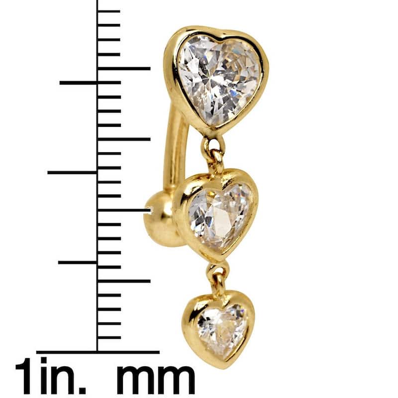 Curata Solid 14k Yellow or White Gold Graduated Heart Cubic Zirconia Top Mount Belly Button Ring Dangle (7mm x 24mm)