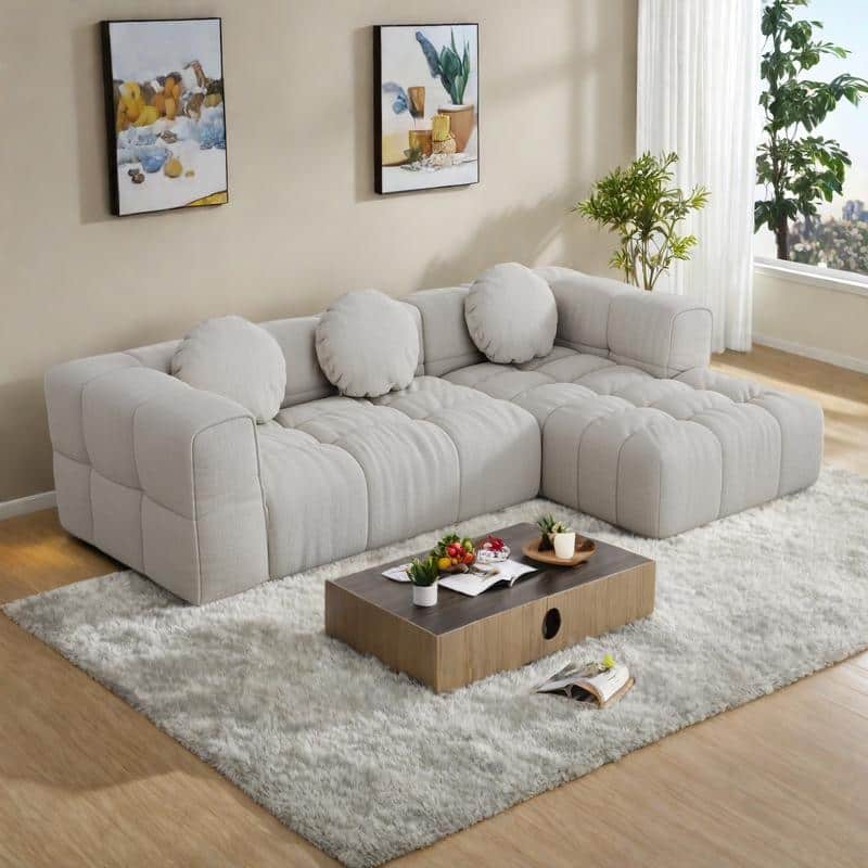 103" Chenille L-Shaped Sectional Sofa with Right Recliner, 3 Pillows and Modular Design - Off White