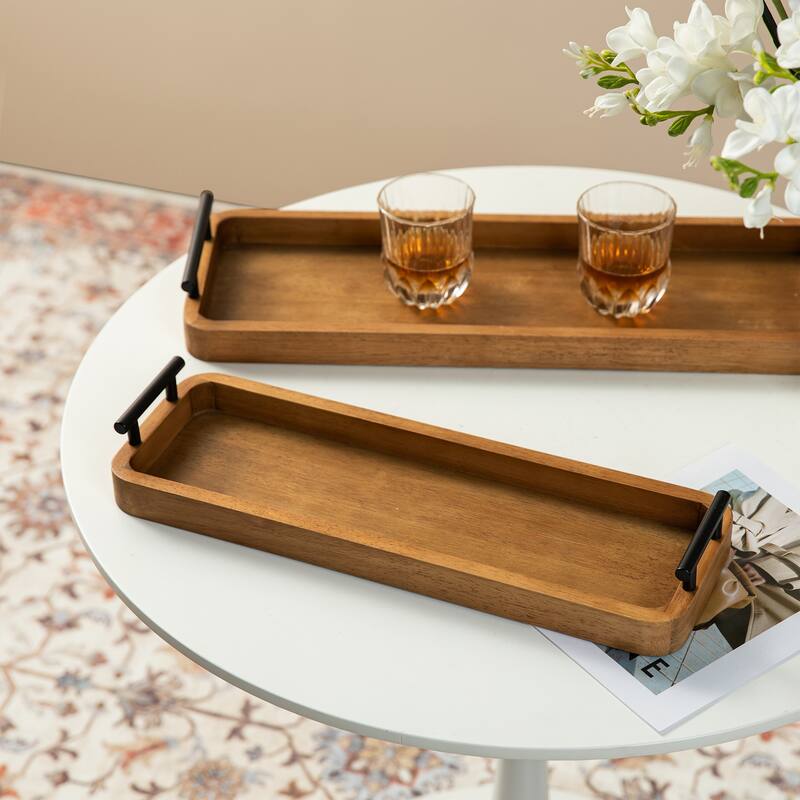 Glitzhome Set of 2 Rectangle Antique Wood Decorative Trays with Metal Handles - Brown