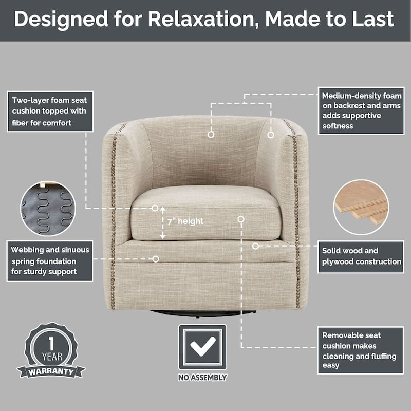 Madison Park Capstone 360-degree Swivel Barrel chair with Tufting and Nail heads
