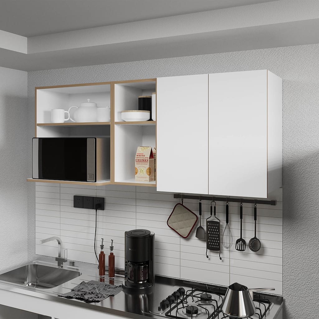 Wall-Mounted Kitchen Cabinet with Microwave Space, Open Shelves, and Double Doors - Natural Oak and White