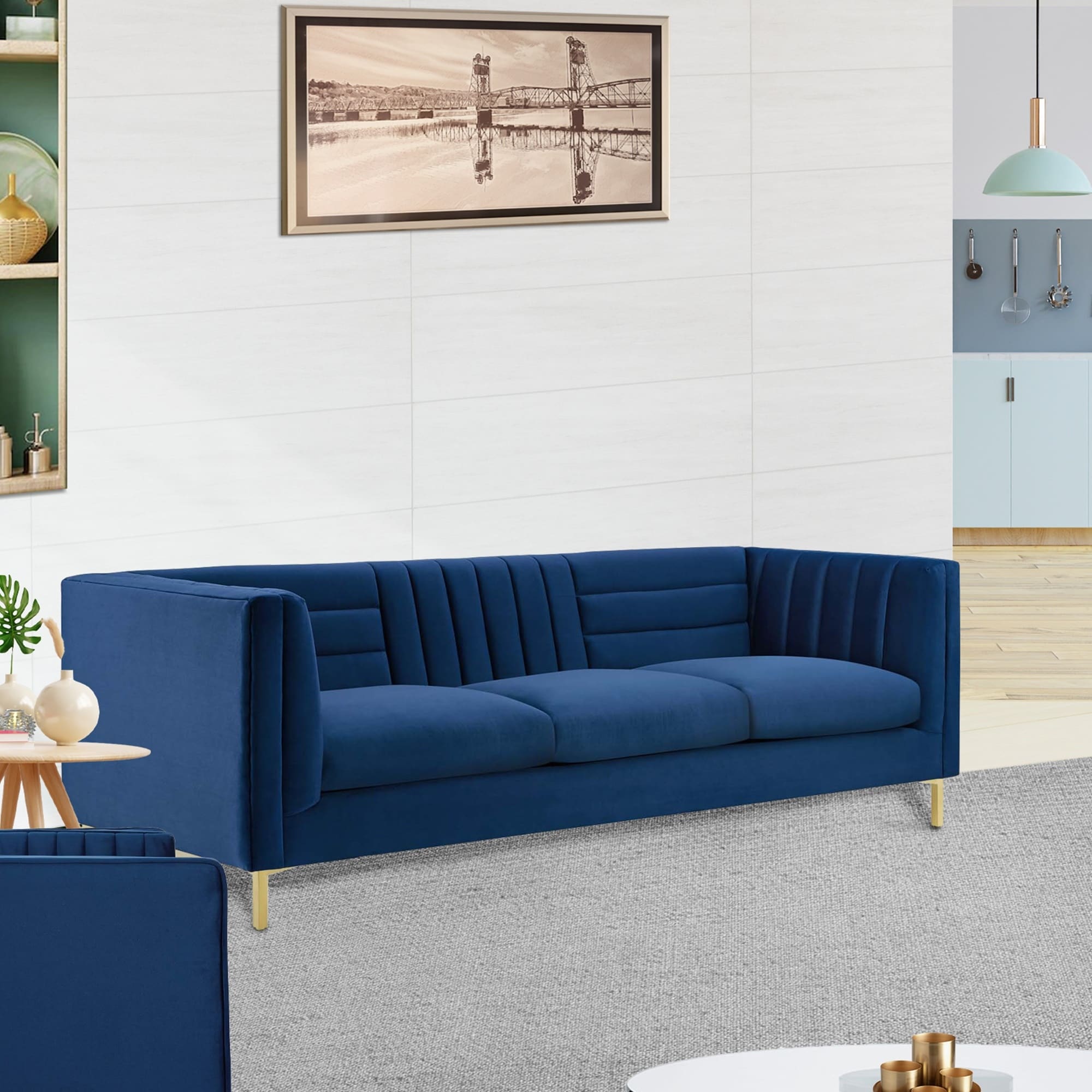 Marion Modern Blue Velvet Upholstered Channel Tufted Sofa with