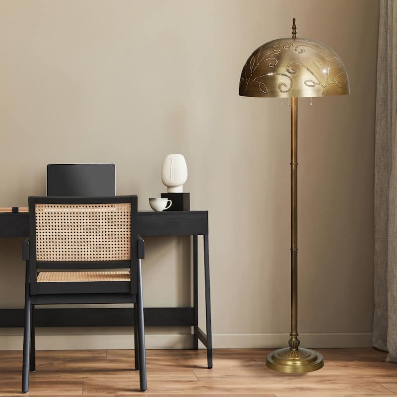 Riya River of Goods Gold-Finish Metal 3-Light Candlestick 65.25-Inch Floor Lamp with Bowl Shade - 20" x 20" x 65.25"
