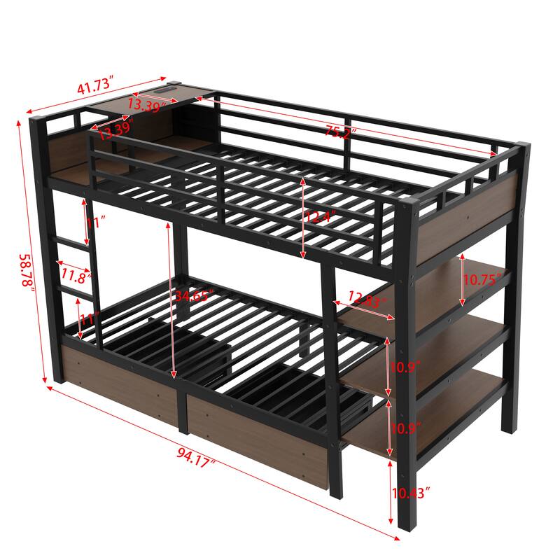 Metal Bunk Bed with Open Storage Shelves, Underbed Drawers and Built-in Desk with Charging Station for Guest Rooms or Dorms