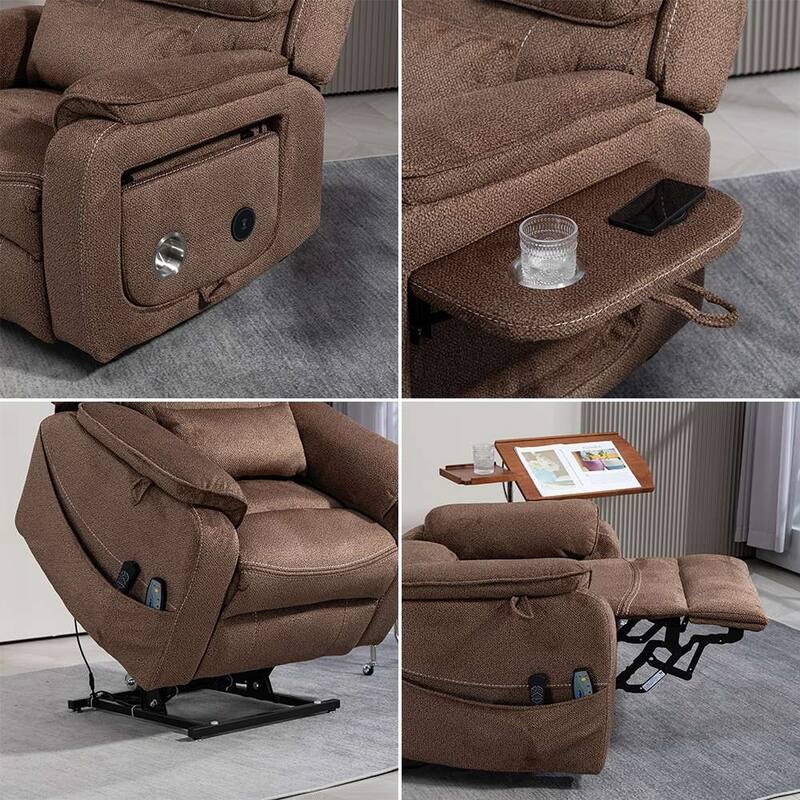 Dual Motor Oversized 180° Lay Flat Chenille Power Lift Recliner Chair with Retractable Tray, Wireless Charge