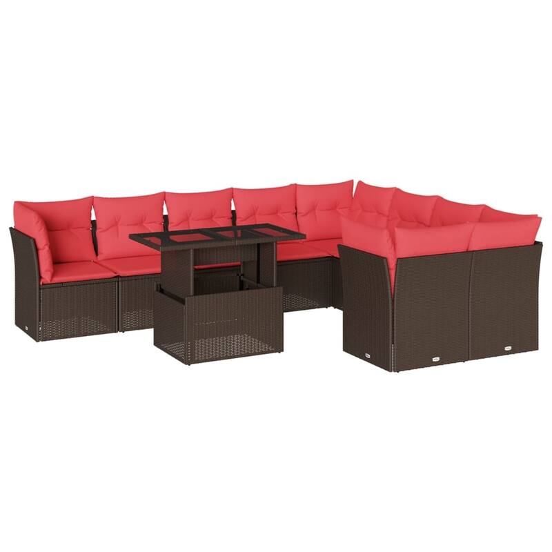 vidaXL 10 Piece Patio Sofa Set with Cushions Black/Brown/Gray Poly Rattan - 24.4 x 24.4 x 27.2