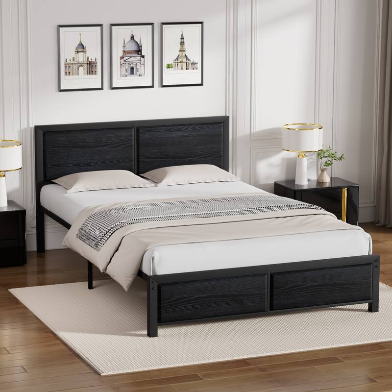 VECELO Platform Bed Frame with Wooden Headboard Heavy Duty Steel Slats Support No Box Spring Needed