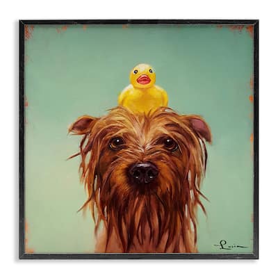 Stupell Wet Dog with a Rubber Ducky Turquoise Bath Framed Wall Art, 12x12, Proudly Made in USA