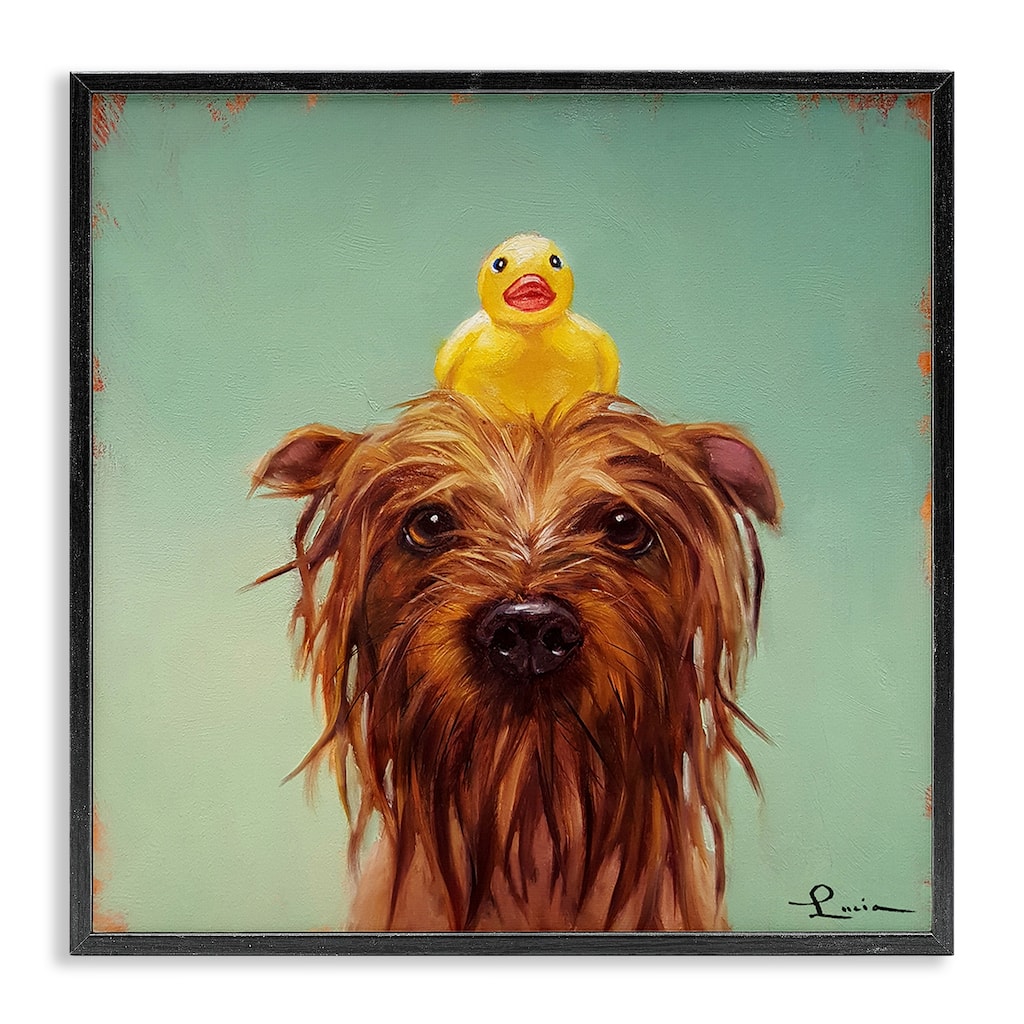 Stupell Wet Dog with a Rubber Ducky Turquoise Bath Framed Wall Art, 12x12, Proudly Made in USA
