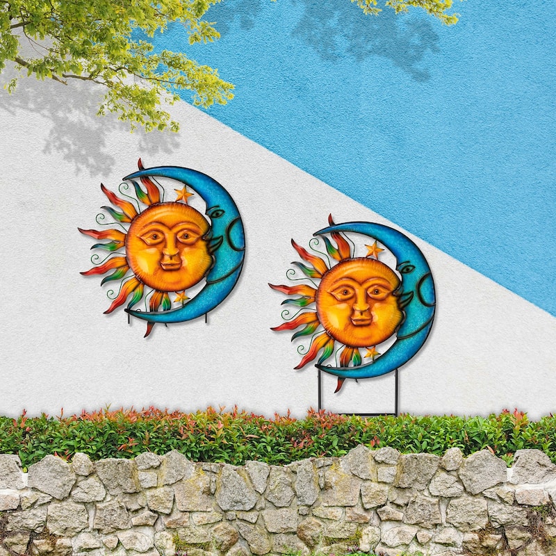Glitzhome 36.25''H Metal Sun and Moon Wall Decor Yard Stake for Indoor and Outdoor
