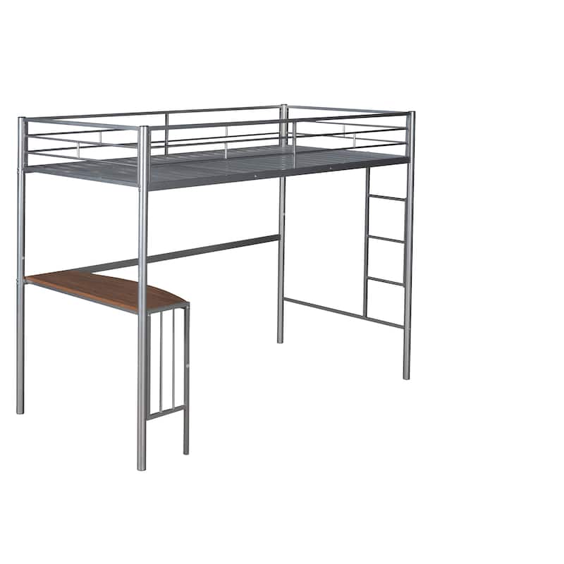 Twin Metal Loft Bed with Desk, Ladder and Guardrails, Loft Bed for Bedroom, Silver