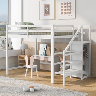 Modern Style Full Size Loft Bed withStaircase and Built-in Storage Wardrobe.