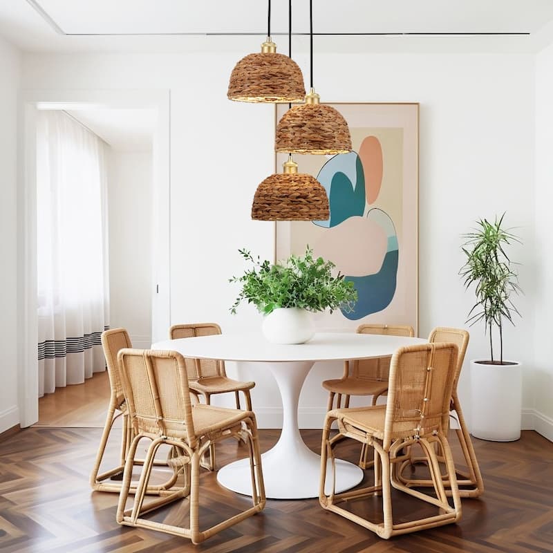 3-Light Brass Farmhouse Pendant Light with Natural Rattan Woven Shades - N/A