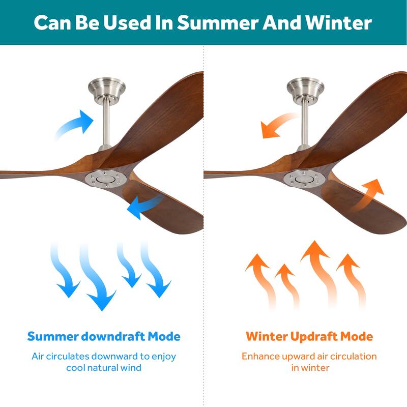 60 Inch Low Profile Ceiling Fans Without Light, Solid Wood Ceiling Fan No Light with Remote Control, 3 Reversible Blades