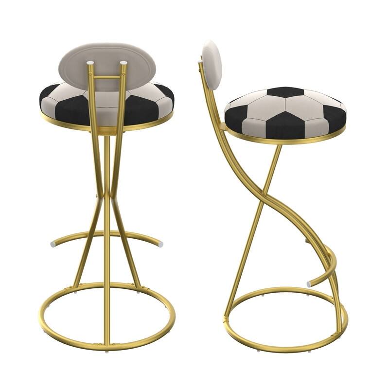 Football Print Bar Stools Set of 2 Upholstered Counter Height Barstool for Kitchen Island S-shaped Velvet Metal Dining Chairs