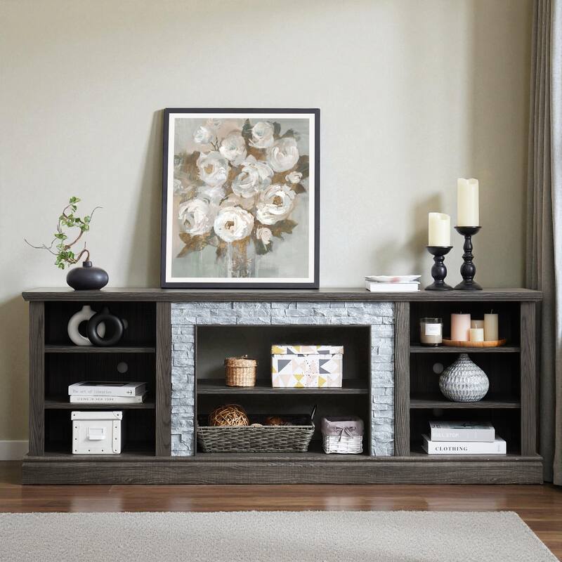 70" TV Stand with Faux Stacked Stone Surround, Modern Entertainment Console with Large Storage Cabinets - Grey