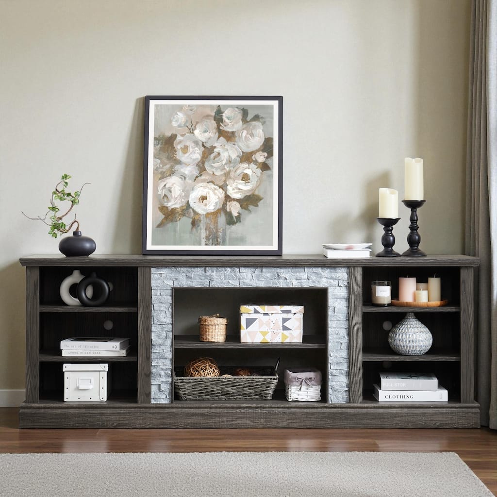 70" TV Stand with Faux Stacked Stone Surround, Modern Entertainment Console with Large Storage Cabinets