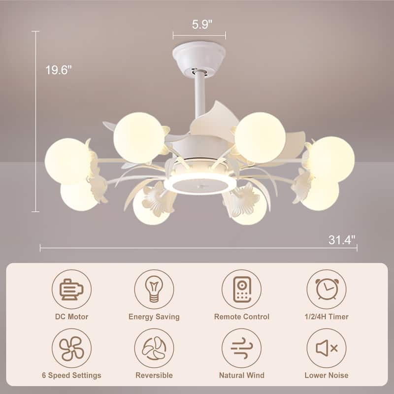 Indoor Chandelier Ceiling Fan with Light and Remote, Beige Fandelier with Milky Globe Shade for Bedroom