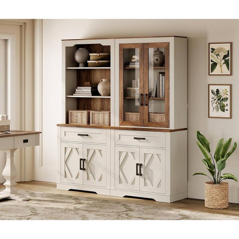 5 Tier Bookcase with Barn Door,73.3" Tall Open Storage Bookshelf - White Oak