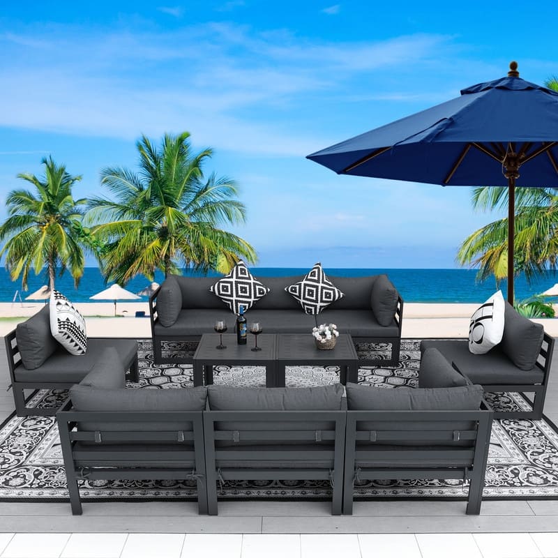 FINCATI Luxury Patio Aluminum Sofa Conversation Furniture Set with Coffee Table - 10 Pieces-A - Dark Grey
