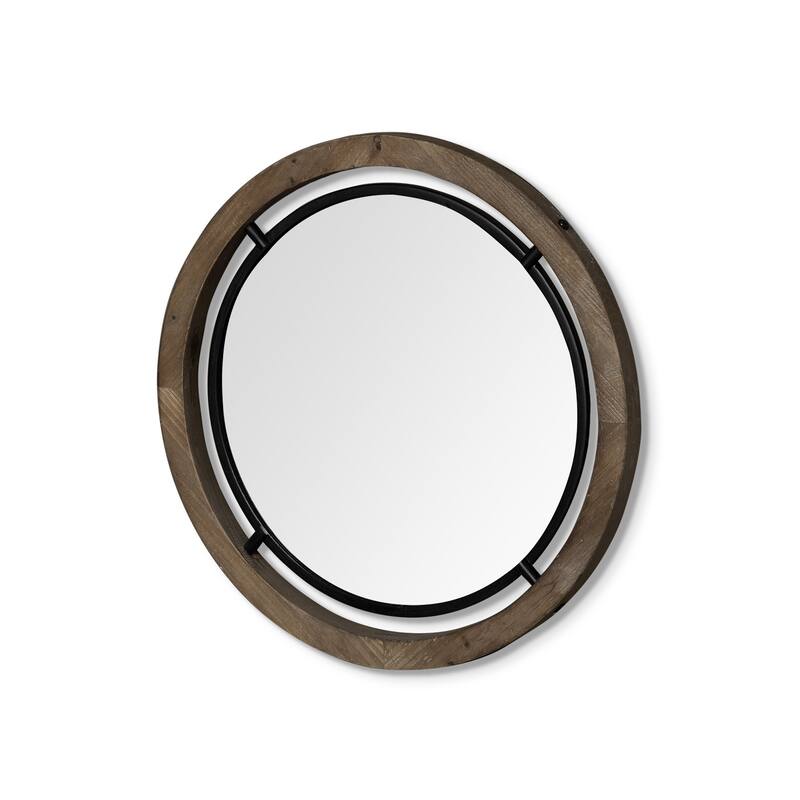 HomeRoots 24" Brown And Black Round Metal And Wood Framed Accent Mirror - 24.25' X '24.25' X '1.25