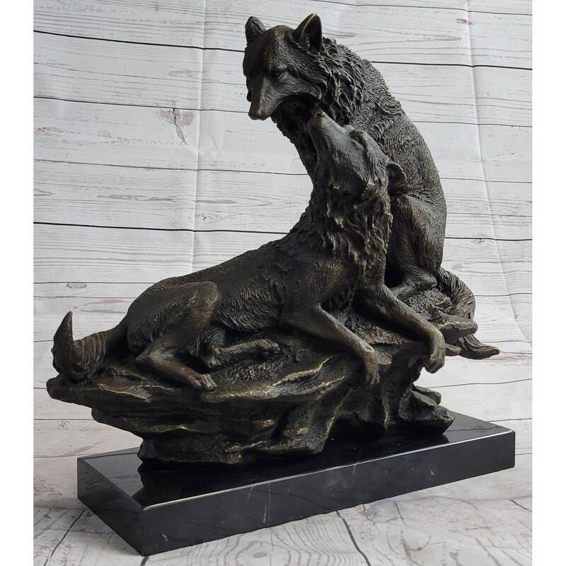 Two Wolves Wolf Family Bronze Metal Sculpture Statue On Marble Base 14 Inches X 14 Inches