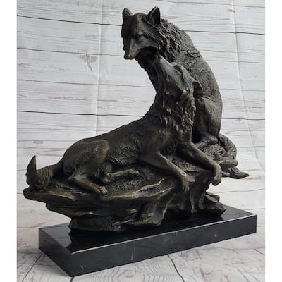 Two Wolves Wolf Family Bronze Metal Sculpture Statue On Marble Base 14 Inches X 14 Inches