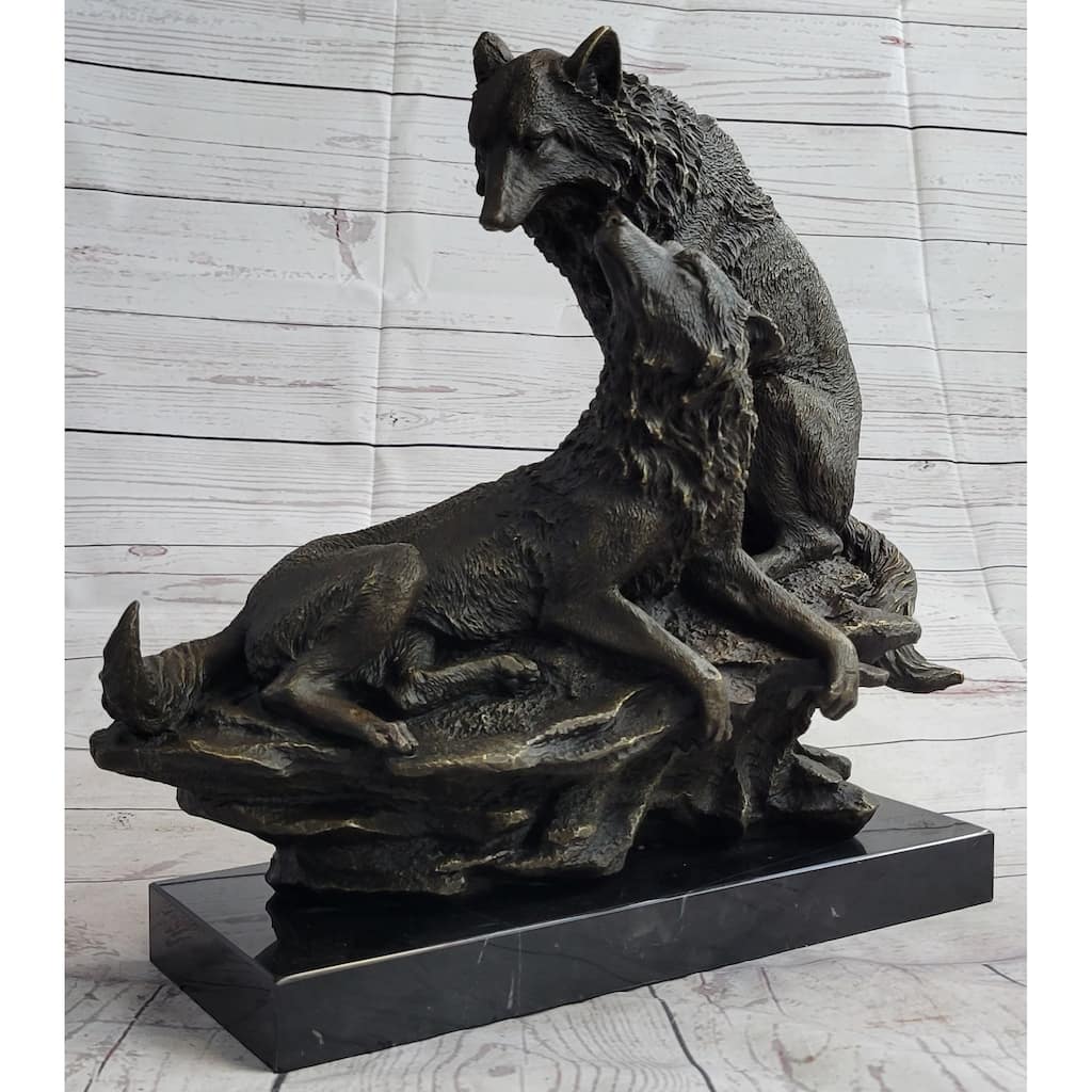 Two Wolves Wolf Family Bronze Metal Sculpture Statue On Marble Base 14 Inches X 14 Inches