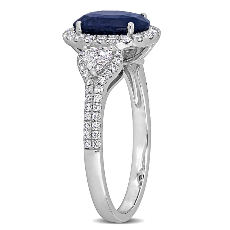 Miadora 2 1/5ct TGW Oval-Cut Blue Sapphire 7/8ct TDW Heart-Cut Diamonds Halo Ring in 14k White Gold