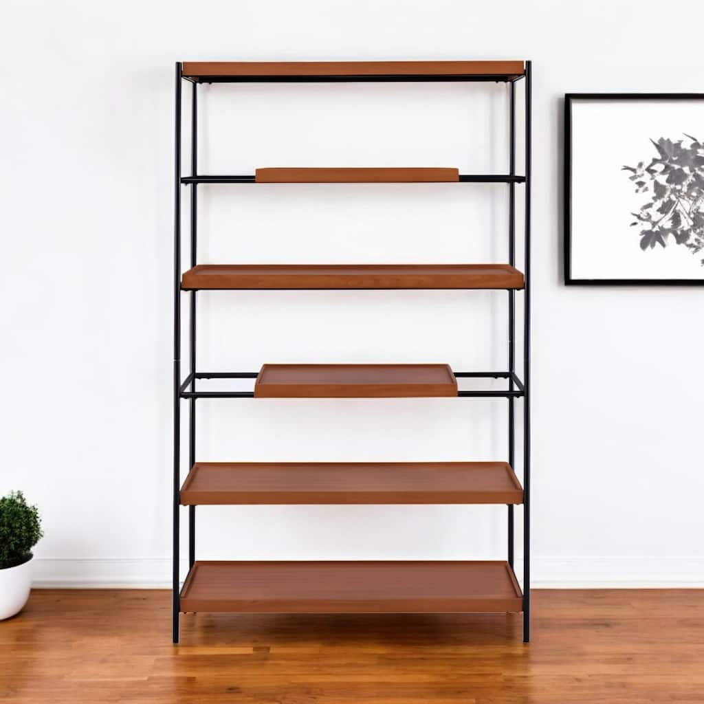 HomeRoots 70" Oak And Black Metal and Wood Six Tier Etagere Bookcase