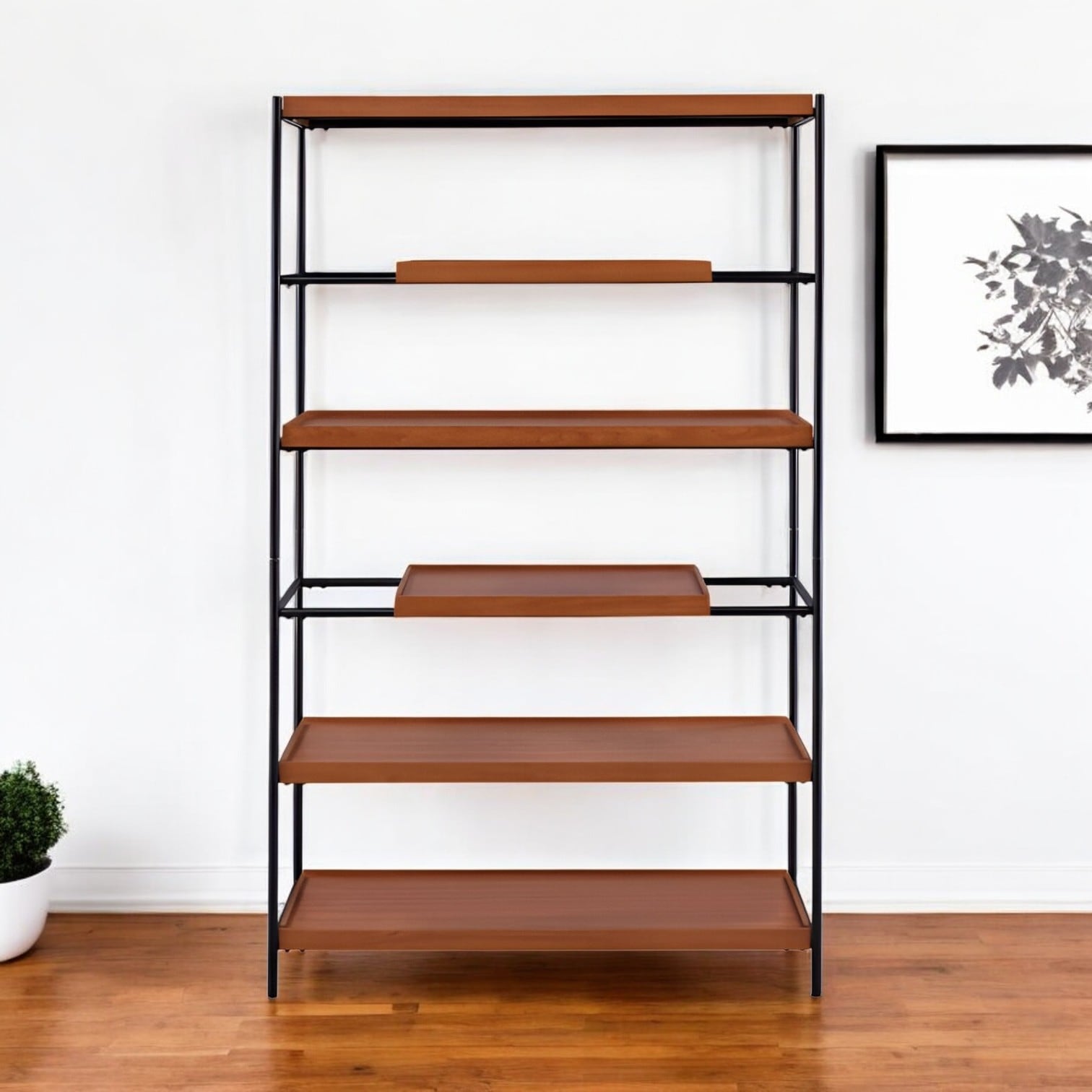 HomeRoots 70" Oak And Black Metal and Wood Six Tier Etagere Bookcase