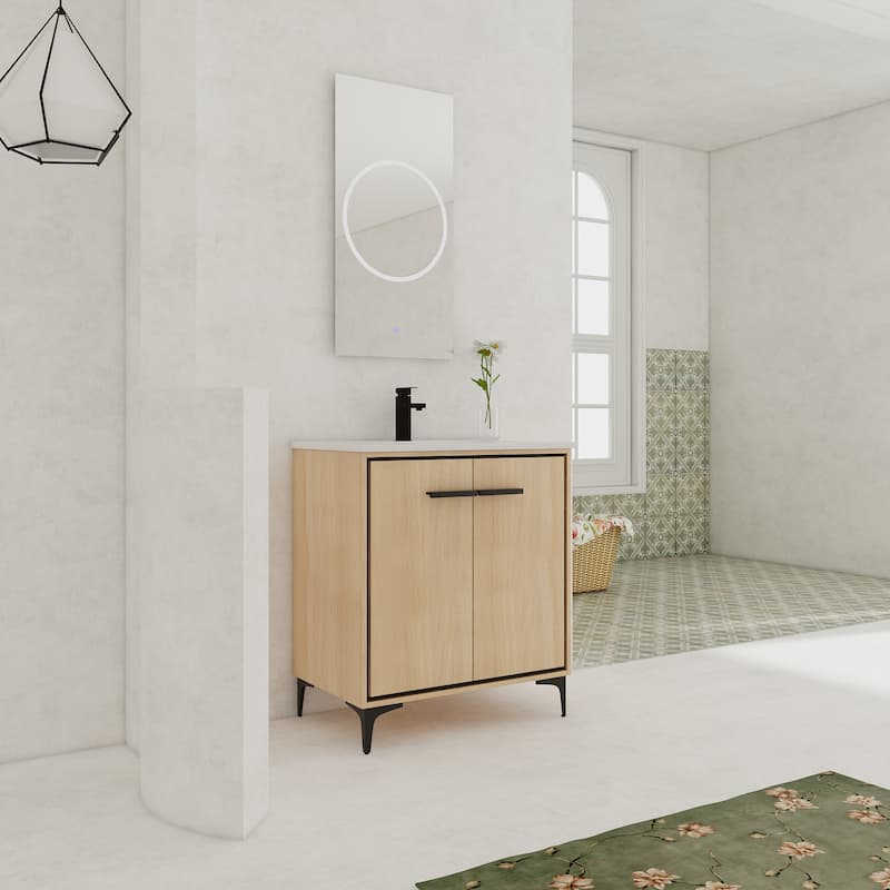 GDFStudio - Denton Modern Freestanding Bathroom Vanity Cabinet with Ceramic Sink, Soft Close Doors & Metal Tripod - 30"