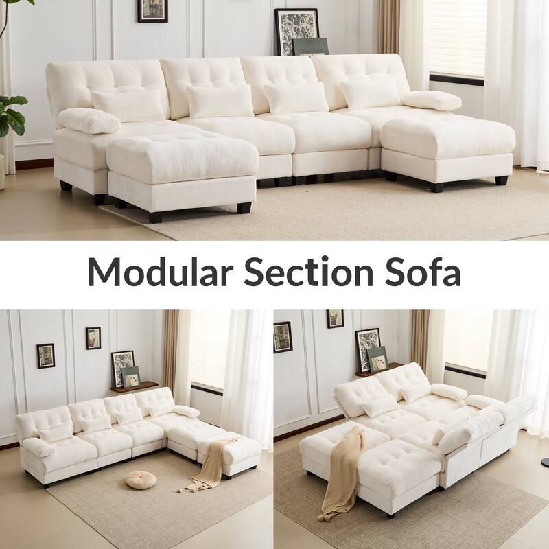 119" 4-Seater Chenille Sofa with 2 Ottomans, 4-Position Adjustable Backrest, 4 Pillows and Easy Assembly for Living Room