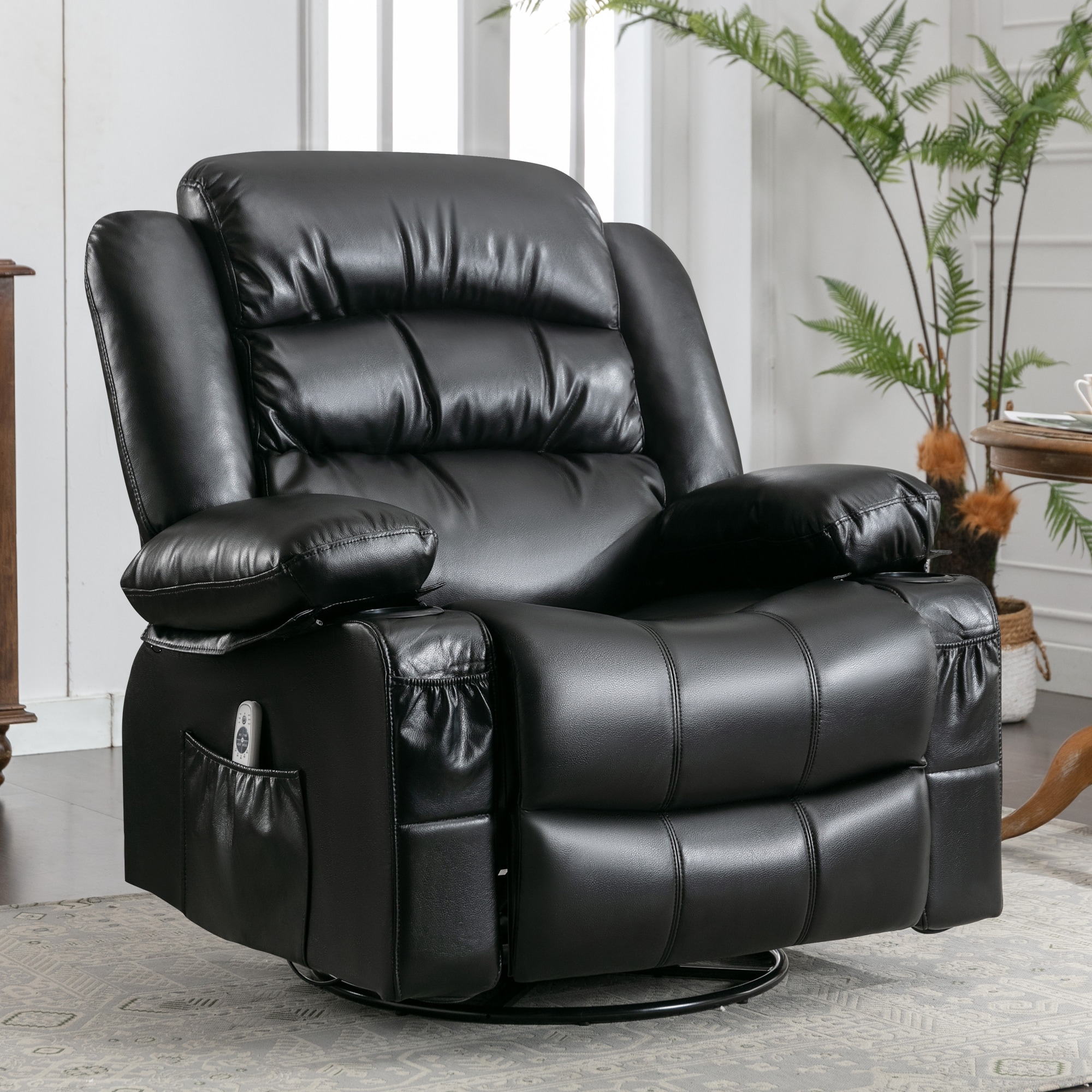 Black PU Leather 360 Swivel Rocker Manual Recliner Chair with