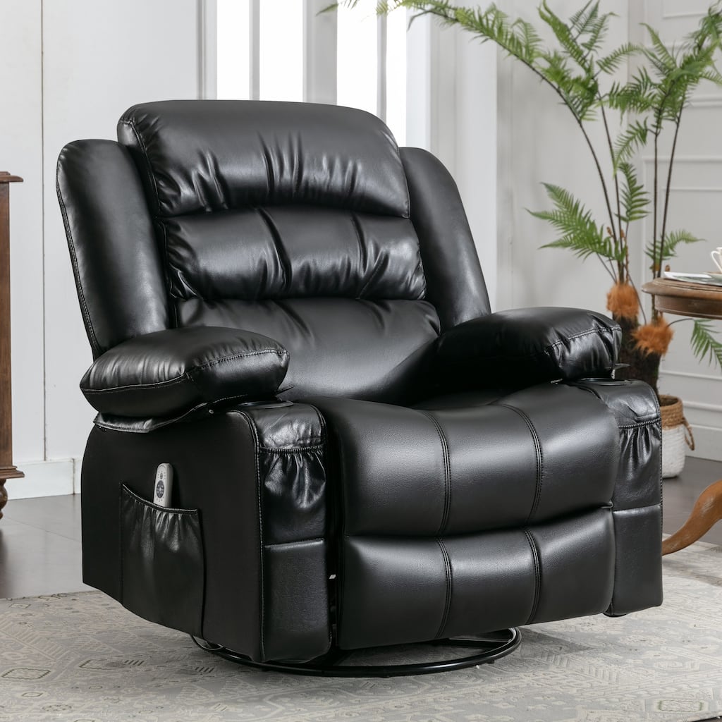 Manual PU Massage Recliner Chair with Swivel, Heat & Storage Pockets