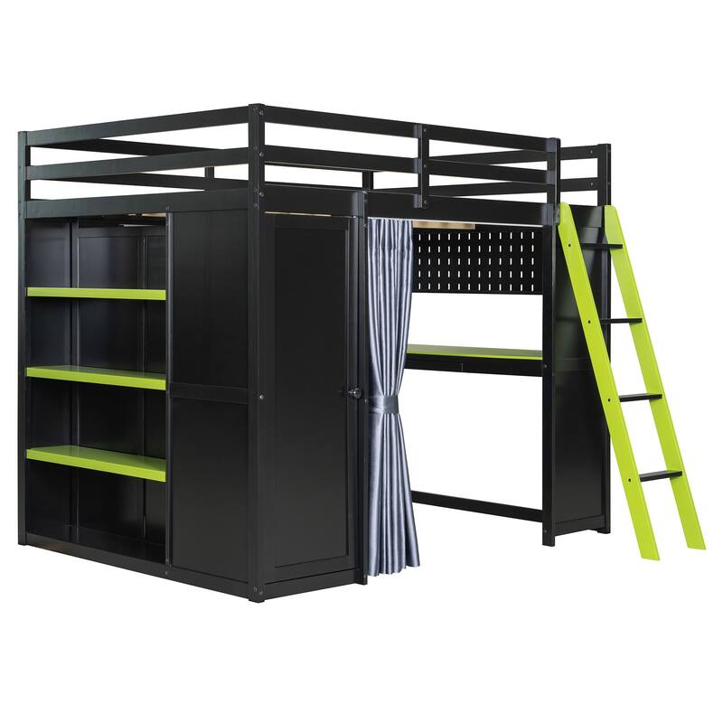 All-in-One Loft Bed Full Size Bedframe with Wardrobe, Shelves, Blackout Curtains, Pegboard, Charging Station and RGB Light Strip