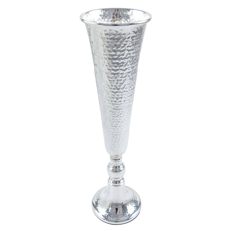 Silver Metal Hammered Trumpet Tabletop Flower Vase Centerpiece
