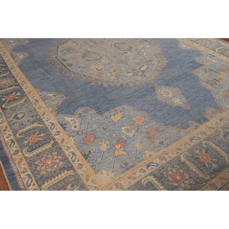 Vegetable Dye Oushak Oriental Area Rug Hand-Knotted Blue Wool Carpet - 9'4"x 12'7"