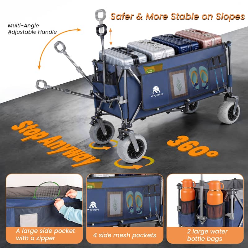 52"Extended Heavy-Duty Foldable Utility Wagon, 560lbs, Ultra-Stable Frame, 1:6 Space-Saving Fold, Portable and Collapsible